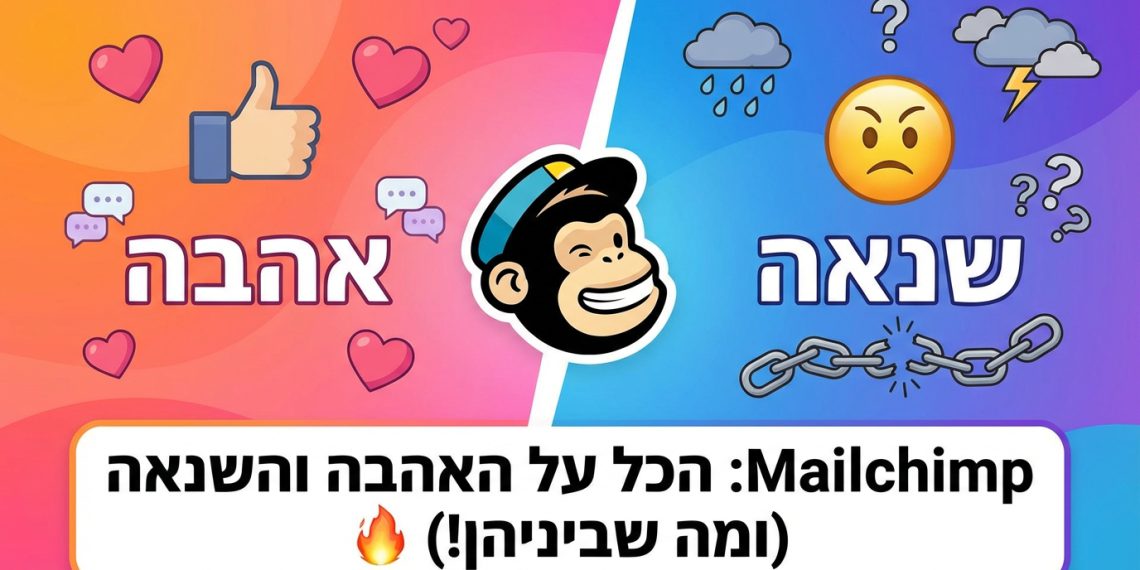 הנה כמה אפשרויות לכותרת משוכתבת, בסגנון צעיר ומושך, תוך שמירה על ההנחיות:

Mailchimp: הכל על האהבה והשנאה (ומה שביניהן!) 🔥
Mailchimp: למה אתם אוהבים ושונאים אותו בו זמנית? 🤔
Mailchimp: האמת על מערכת הדיוור שכולם מדברים עליה. 💬
Mailchimp: סודות השימוש שיגרמו לכם לאהוב אותו (באמת!). 😉
Mailchimp: טריקים שיעזרו לכם לנצל אותו עד הסוף! 🚀
