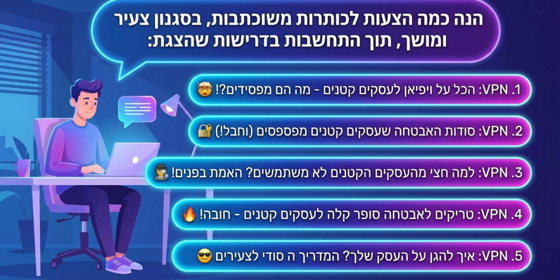 הנה כמה הצעות לכותרות משוכתבות, בסגנון צעיר ומושך, תוך התחשבות בדרישות שהצגת:

VPN: הכל על ויפיאן לעסקים קטנים – מה הם מפסידים?! 🤯
VPN: סודות האבטחה שעסקים קטנים מפספסים (וחבל!) 🔒
VPN: למה חצי מהעסקים הקטנים לא משתמשים? האמת בפנים! 🕵️‍♂️
VPN: טריקים לאבטחה סופר קלה לעסקים קטנים – חובה! 🔥
VPN: איך להגן על העסק שלך? המדריך ה סודי לצעירים 😎